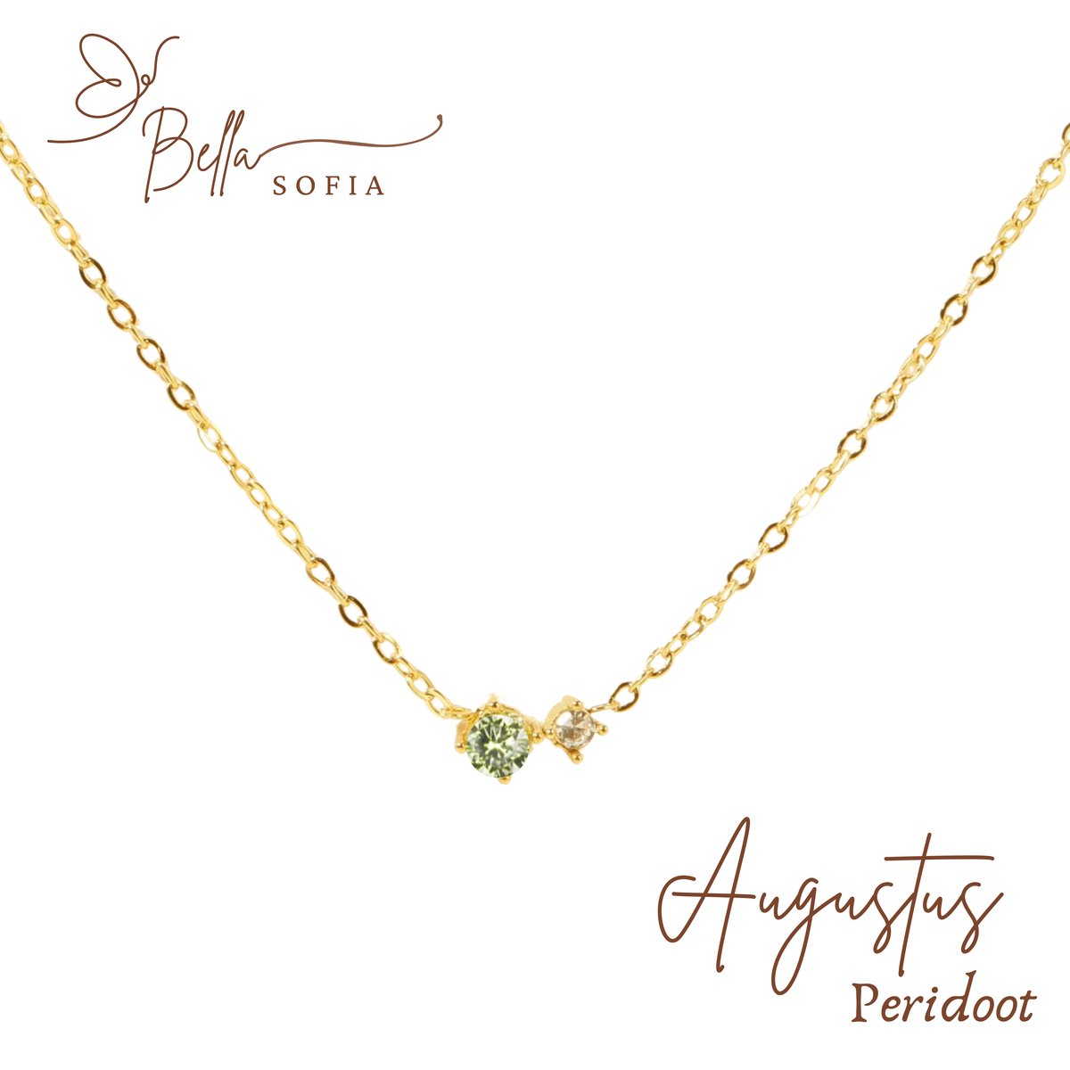 Bella Sofia® Geboortesteen Ketting Augustus - Uniek Goudkleurig Dames Sieraad - Valentijnscadeau - Valentijnsdag - Valentijn cadeau voor haar