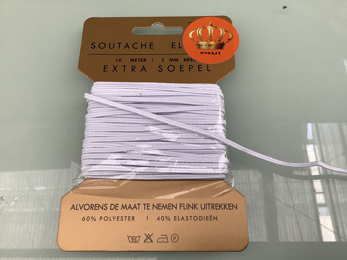 Elastiek. wit. 3mm. breed. 10 meter lang. Soutache-elastiek. extra soepel.