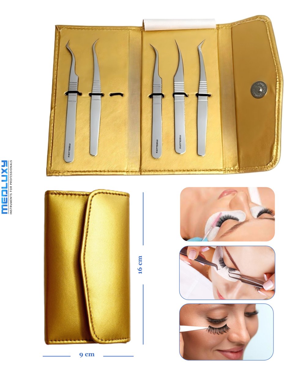 Goedkoopste MEDLUXY® Pro - Wimperpincet - 5-delige Set Etui - [EP0445] (pincet voor wimperextions - nepwimpers, eyelash tweezer set, wimper pincet set