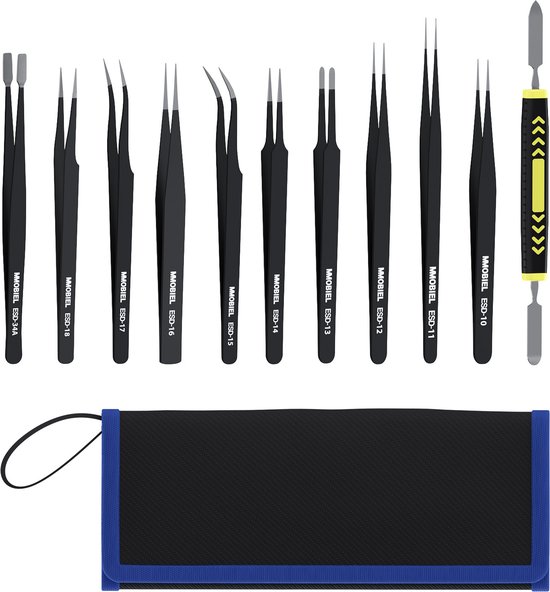 MMOBIEL 10x Pincettenset Industriële Precisie ESD Pincet Antistatisch Roestvrij Staal voor Elektronica Gereedschap, Sieraden, Computer, Laboratorium Werk, Knutselen en Hobby's etc.