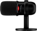 Zwarte USB-microfoon met gaasfront, rood lampje en een standaard.