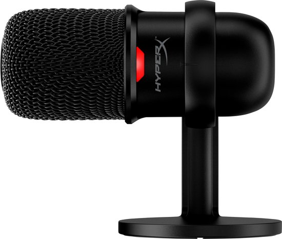 Zwarte USB-microfoon met gaasfront, rood lampje en een standaard.