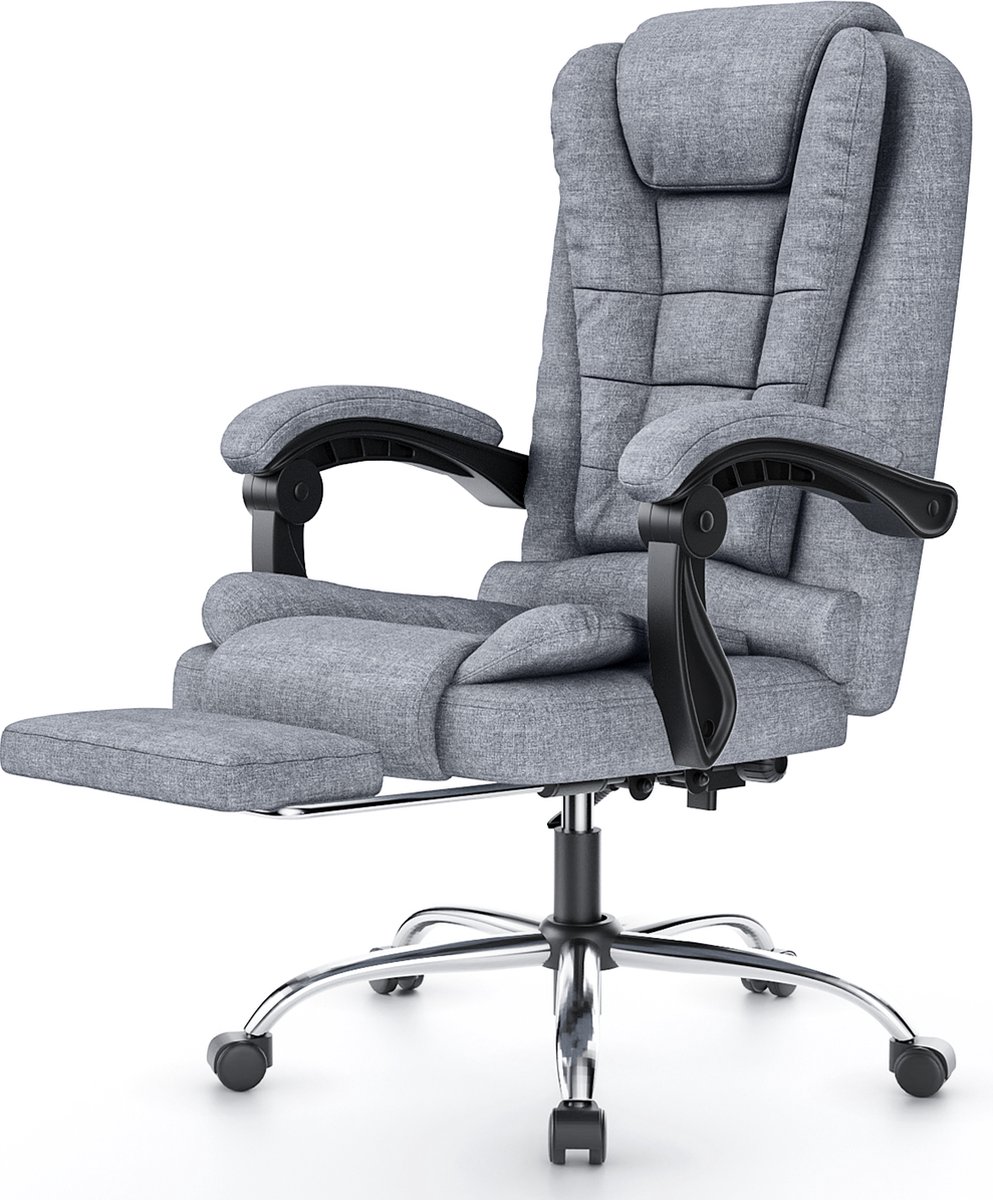 Bureaustoel met telescopische voetsteun - Bureaustoel met grote gewatteerde zitting - Ergonomische bureaustoel met verstelbare rugleuning en in hoogte verstelbaar - Stille wielen - Grijs - Bureaustoel - €119,99