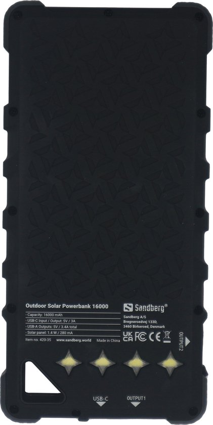 Sandberg Outdoor Solar Powerbank 16000mAh - Chargeur Solaire Étanche IP67, USB-C USB-A, Lampe Torche, Camping Randonnée