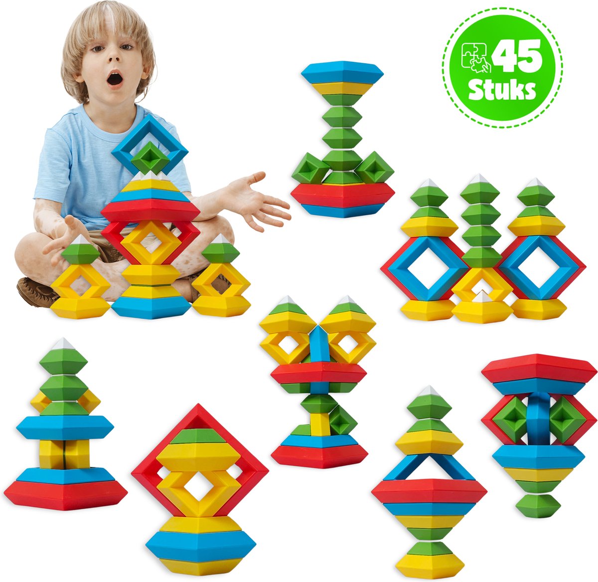 MontiPlay® Build Buddies Stapelstenen 45 Stuks - Sensorisch Speelgoed - Montessori Speelgoed - Stapelstenen - Blokken - Educatief Speelgoed - Bouwblokken - STEM Speelgoed - Blokkentoren