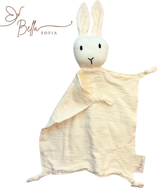 Bella Sofia® - Soof het Knuffelkonijn – Knuffeldoekje Wit / Crème – Biologisch Katoenen Hydrofiel Speendoekje – Perfect Kraamcadeau – Babyshower Cadeau – Veilig Baby Speelgoed