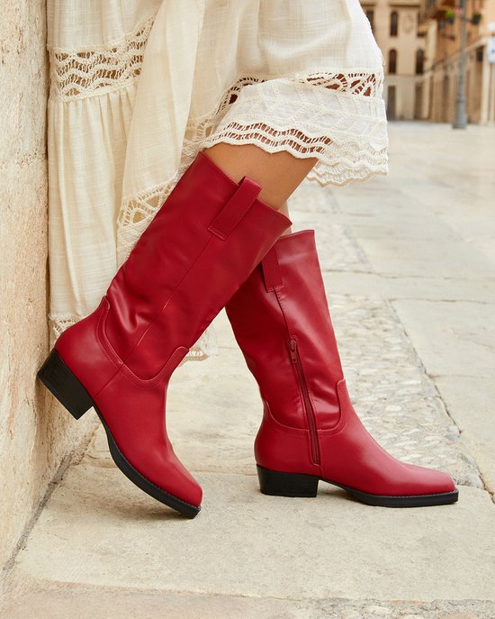 Laarzen Rode Lak Boots Spitse Neus Hoge Laarzen Rode Lak Highheel