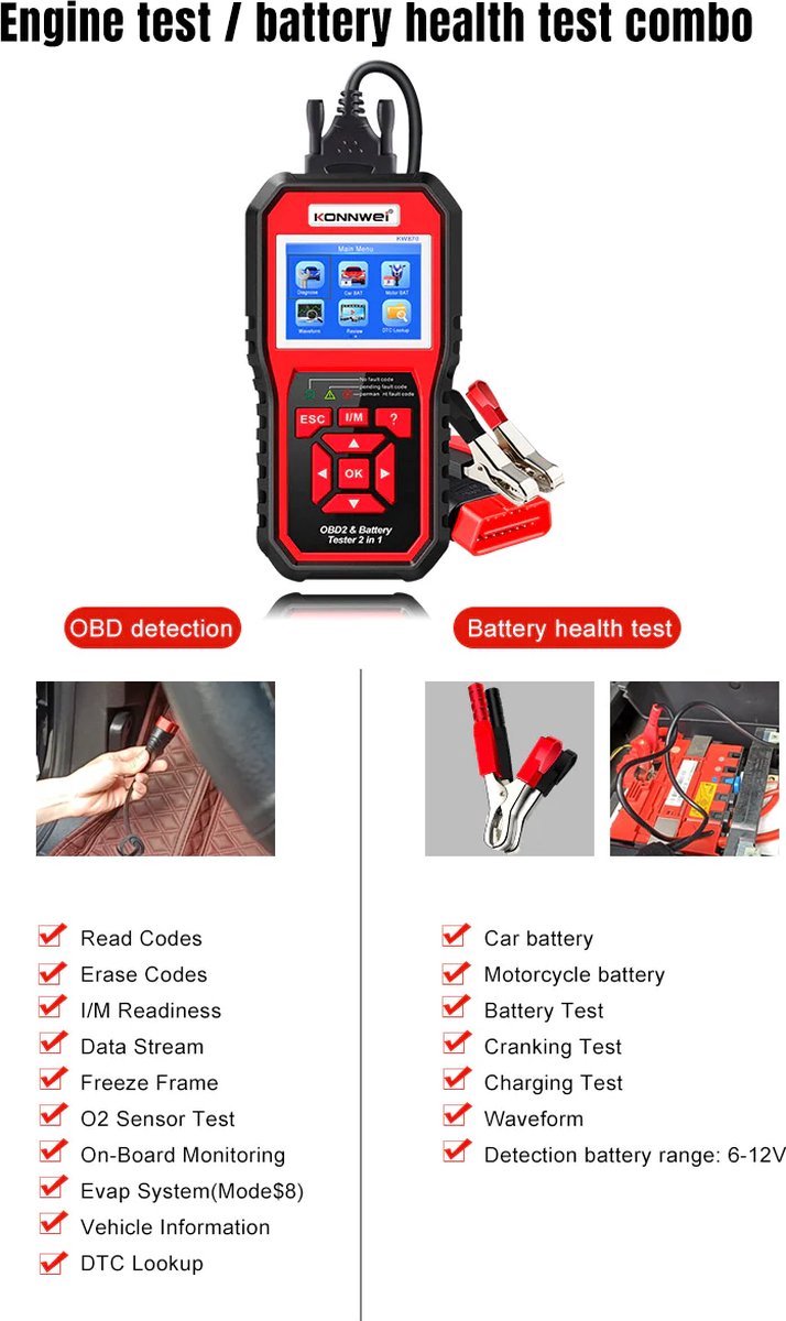 Konnwei KW870 2 in 1 Auto/Motor OBD2 Scanner + Accu Tester thumbnail 5