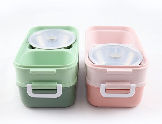 Boîte à lunch avec bol à soupe Vert et Rose - Boîte à bento - Set - Boîte à lunch adultes - Boîtes repas - Boîte à lunch Enfants - Boîte à lunch avec compartiments - hermétique et étanche - Sans BPA