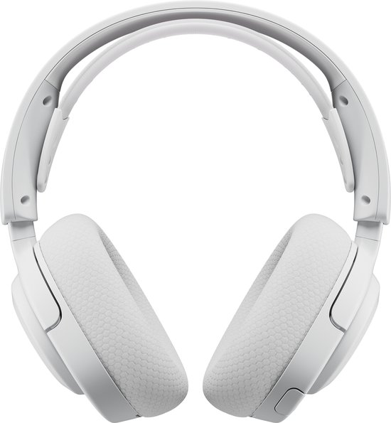 Witte Steelseries Arctis Nova 5P draadloze gaming headset, van voren gezien, losgekoppeld.