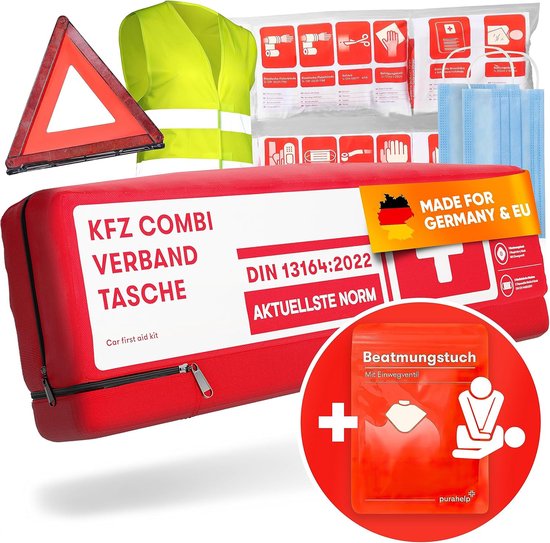 PURAHELP EHBO tas volgens de huidige norm 2024 DIN 13164 (StVO-conform) – inclusief gevarendriehoek, waarschuwingsvest