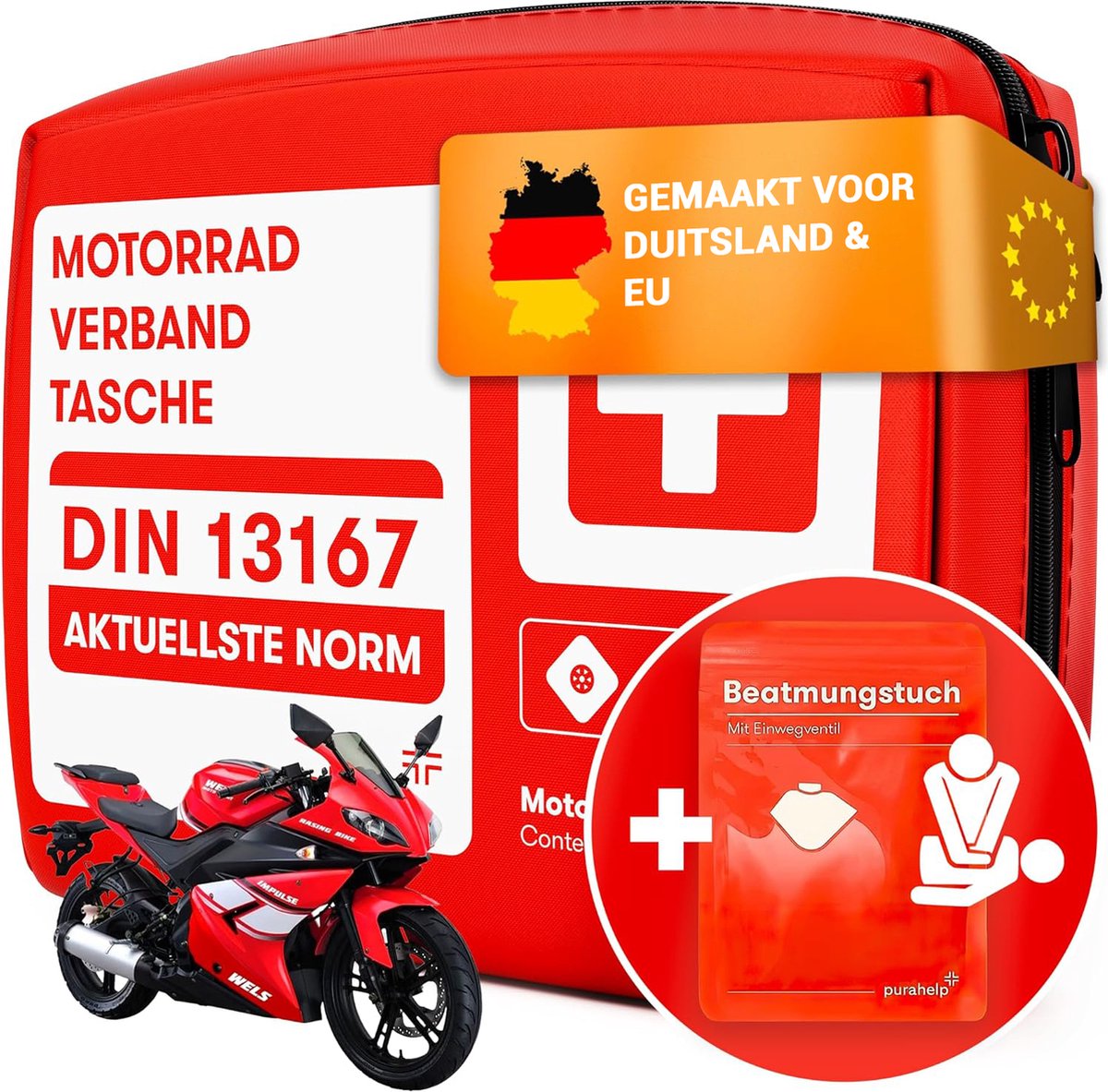 Goedkoopste PURAHELP Motorfiets Verbanddoos volgens norm 2025 - Inclusief ademhalingsdoek - Motorfiets Eerste Hulp Set 2025 Mini Klein