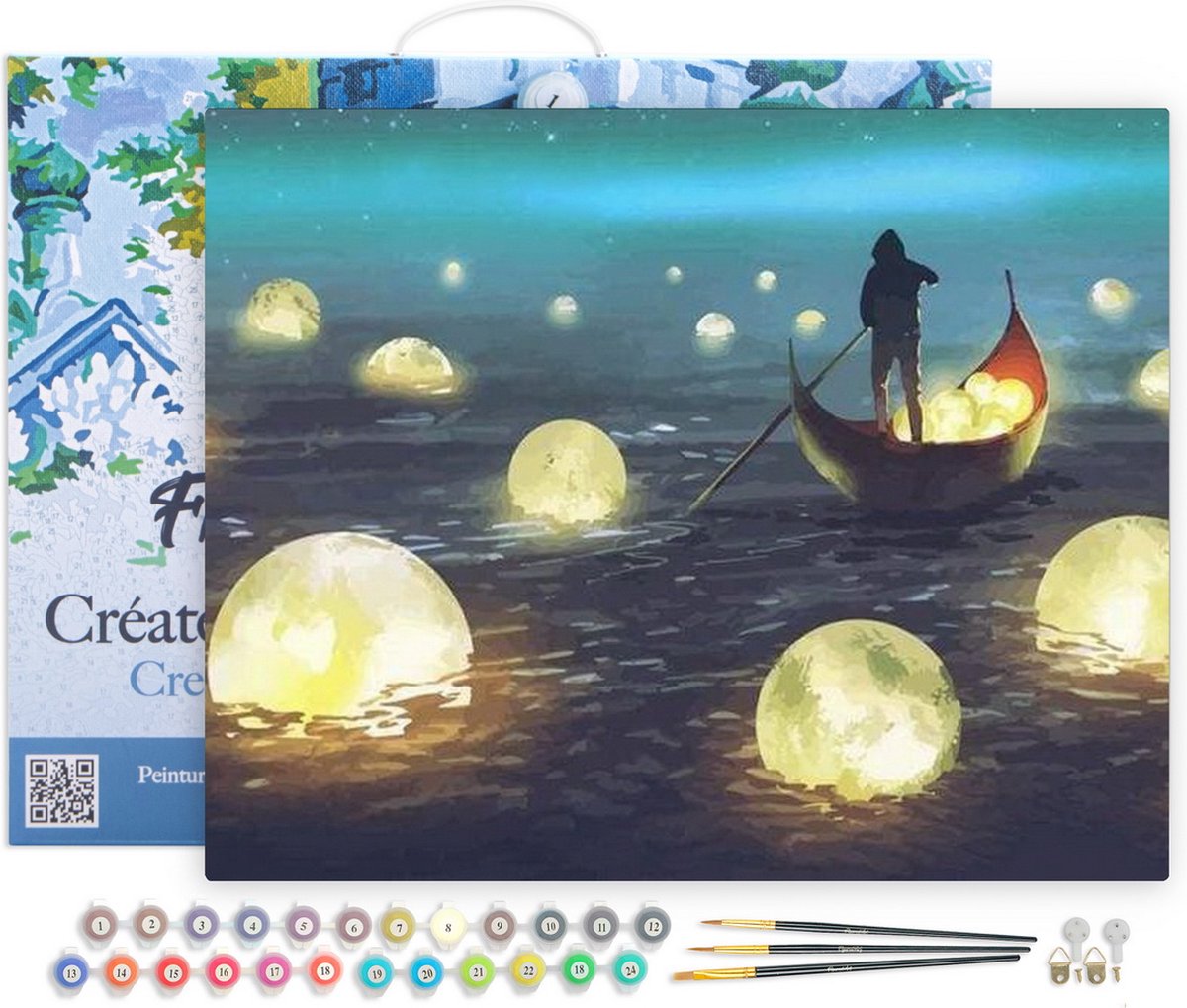Figured'Art Schilderen op Nummer Volwassenen met lijst - Maan Meer - Handwerk acrylverf Kit DIY Compleet - 40x50cm Canvas al ingelijst