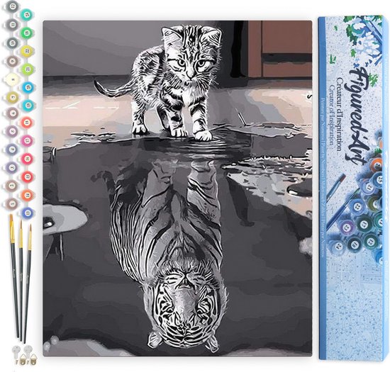 Figured' Art Peinture par Numéros Adultes Toile Chaton Tigre Réfléchissant - Kit de Peinture Acrylique Artisanal DIY Complet - 40x50cm sans cadre
