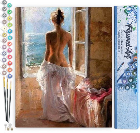 Figured' Art Peinture par numéros sur toile Adultes Femme nue et soleil - Kit de peinture acrylique artisanal DIY complet - 40x50 cm sans cadre