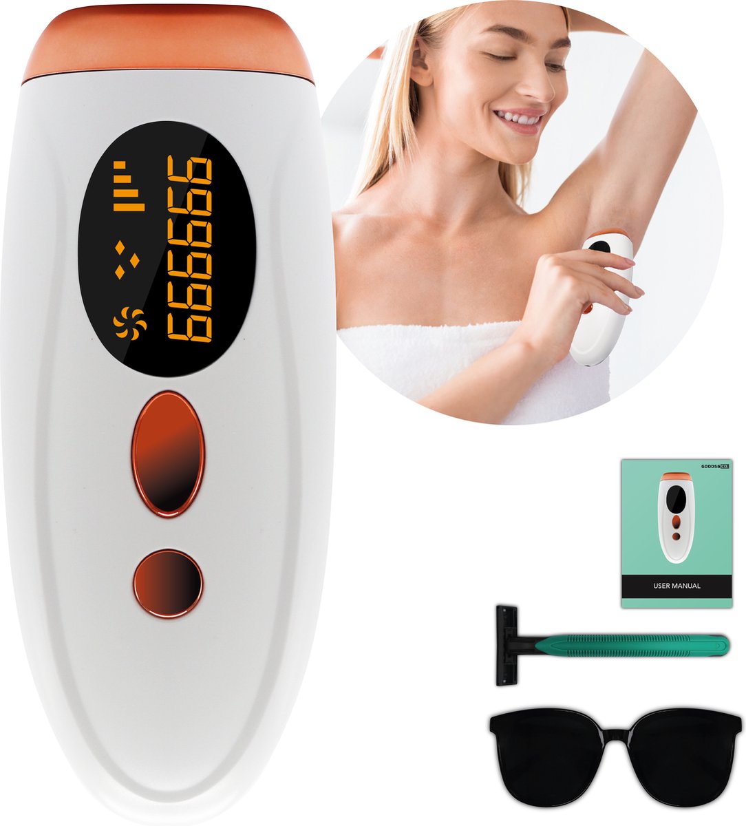 Goods&Co. IPL Laser Ontharingsapparaat Laser Technologie Permanente Haarverwijdering voor Thuis 1 Miljoen Laserflitsen Veilig Pijnloos & Effectief Ontharen van het Gehele Lichaam Wit