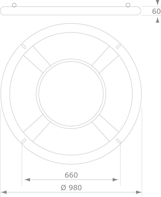 Technische tekening van een ronde schommel met afmetingen Ø 980mm en 660mm.