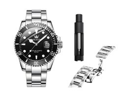 foto van GWS OLEVS Horloge voor mannen - Heren horloge - Roestvrij Staal – Zwart Zilver - met verstelbare pin -