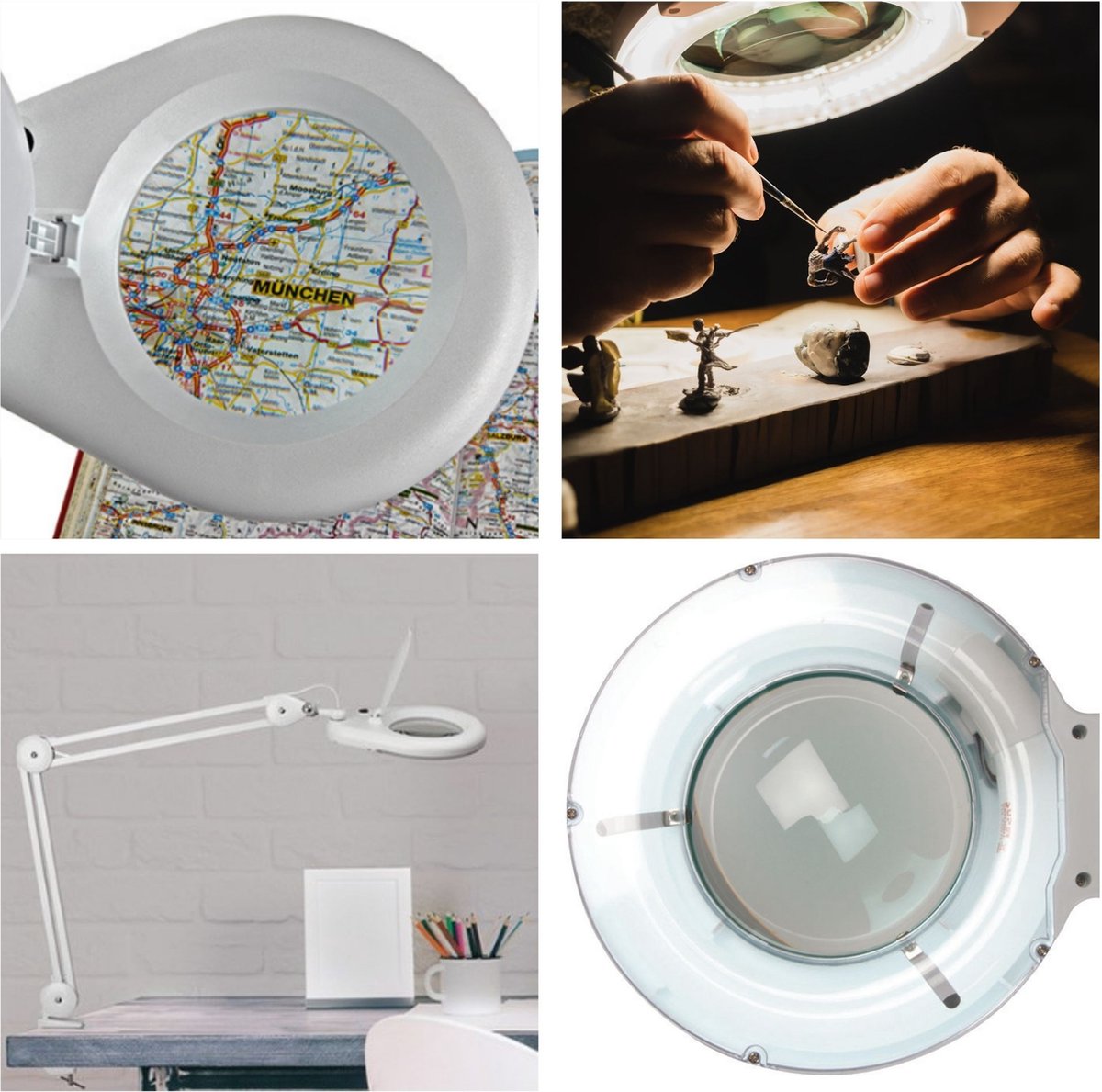 Velleman Loeplamp met klem, zwenkarm, aan/uit-schakelaar, spaarlamp (22 W), vergroting 2.25x, voor kinderen, volwassenen, senioren, lezen, diamond painting, hobby, werken, wit — afbeelding 2