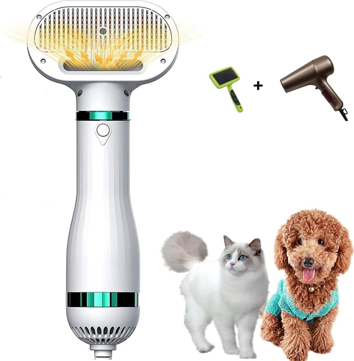 2-in-1 Haardroger voor honden met borstel - Een-klik-ontharing - Instelbare temperatuur - Voor honden en katten