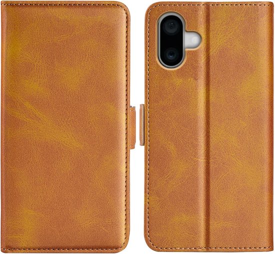 Étui portefeuille en cuir PU pour iPhone 16 Plus -- Fermeture magnétique - Housse de Luxe - Couvrant l'écran - Porte-cartes - Espèces - Espèces - Cartes marron clair