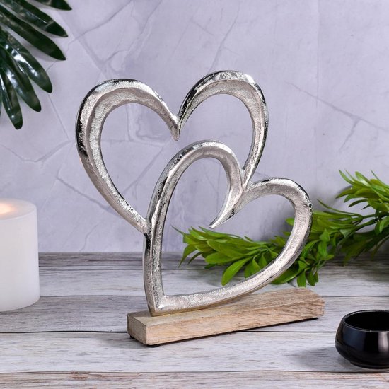 Spetebo Mango hart staander natuur - 30 cm / klein - romantische tafeldecoratie van hout - decoratief object houten hart sculptuur met standaard voor Valentijnsdag trouwdag jubileum