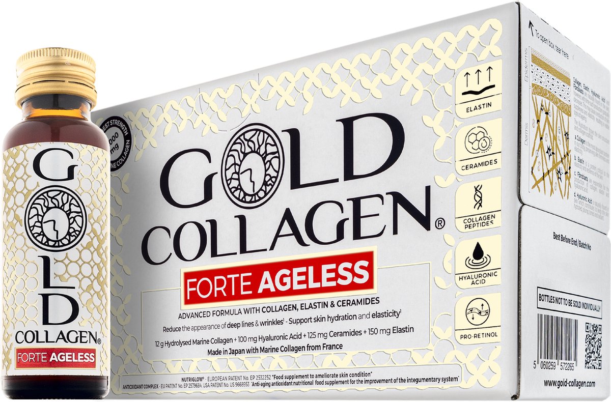 Goedkoopste Gold Collagen Forte Ageless - NIEUW - Sterkste collageen supplement op de markt - 12.000 mg gehydrolyseerd marien collageen - hyaluronzuur - gehydrolyseerd elastine - ceramiden - 23 ingrediënten - Made in Japan - Klinisch bewezen en gepanteerd
