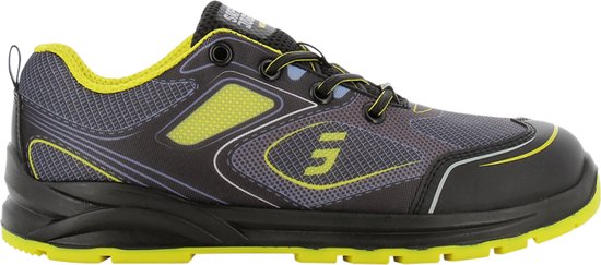 Chaussure de travail noire avec mesh gris, accents et semelle jaunes vifs.