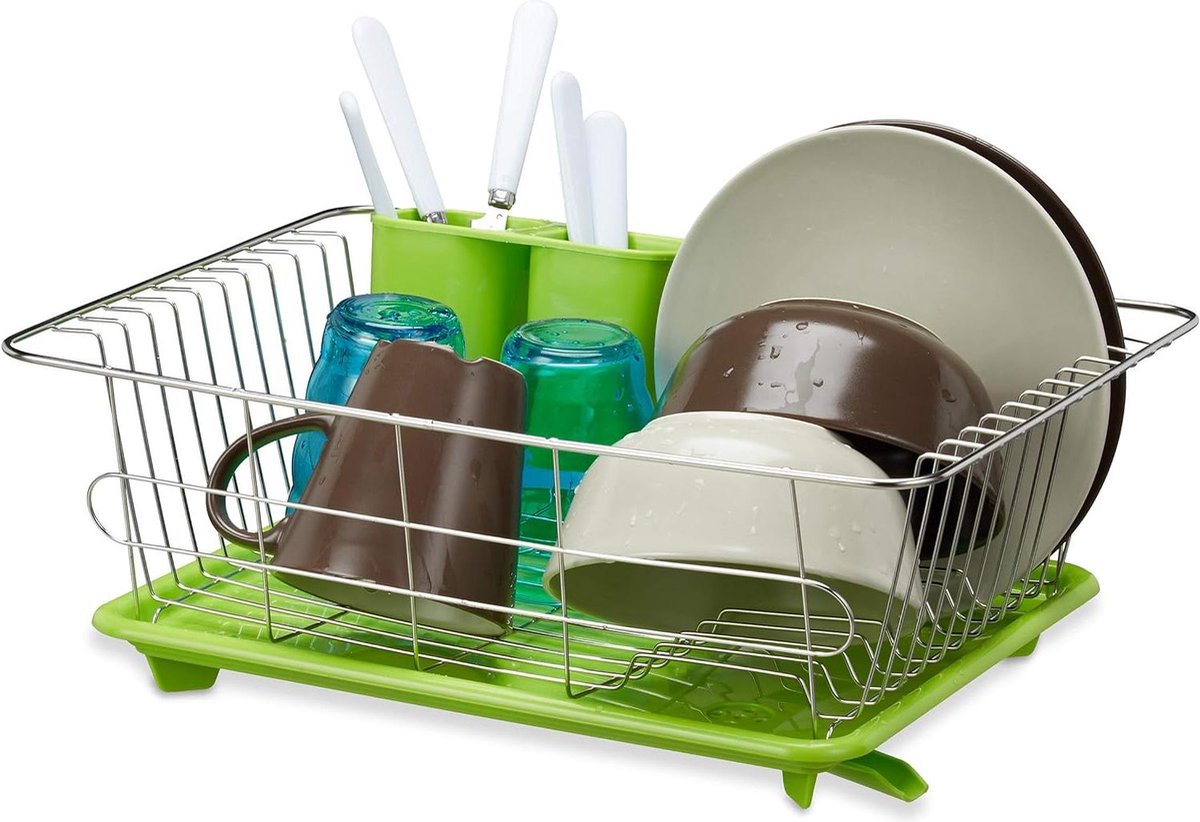 Goedkoopste Afdruiprek roestvrij staal groen met lekbak en bestekhouder 155x40x30 cm - trendy design