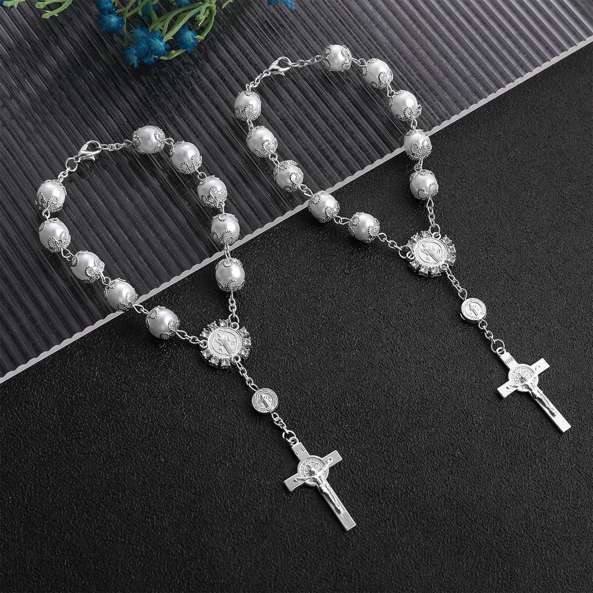 2 Miroirs Rétroviseurs Avec Chapelet Croix - Décoration Intérieure Voiture Noir & Blanc