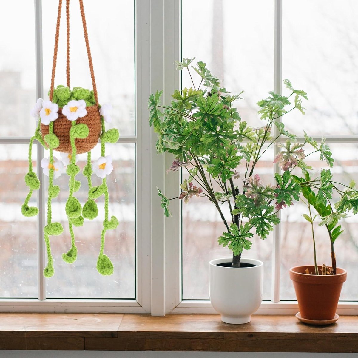 Gehaakte hangende plant for auto, gebreide planten auto spiegel hanger, auto plant gehaakte hangende mand, schattige auto plant accessoires, achteruitkijkspiegel hangende accessoires, auto voertuig or