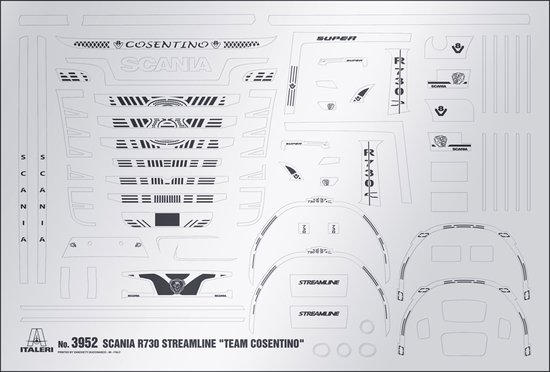 Sticker vel voor Scania R730 Streamline 'Cosentino' modelbouwkit, met logo's en decoraties.