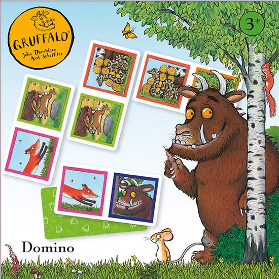 De voorkant van de Gruffalo domino speldoos met de Gruffalo, muis, vos en andere bosdieren. Geschikt voor 3+.