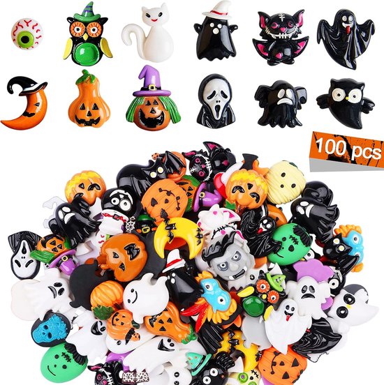 Foto: 100 stuks halloween slijm charme leuke halloween flatback charms spook pompoen hars ornamenten kawaii schedel slijm versiering miniaturen voor diy scrapbook craft sieraden maken