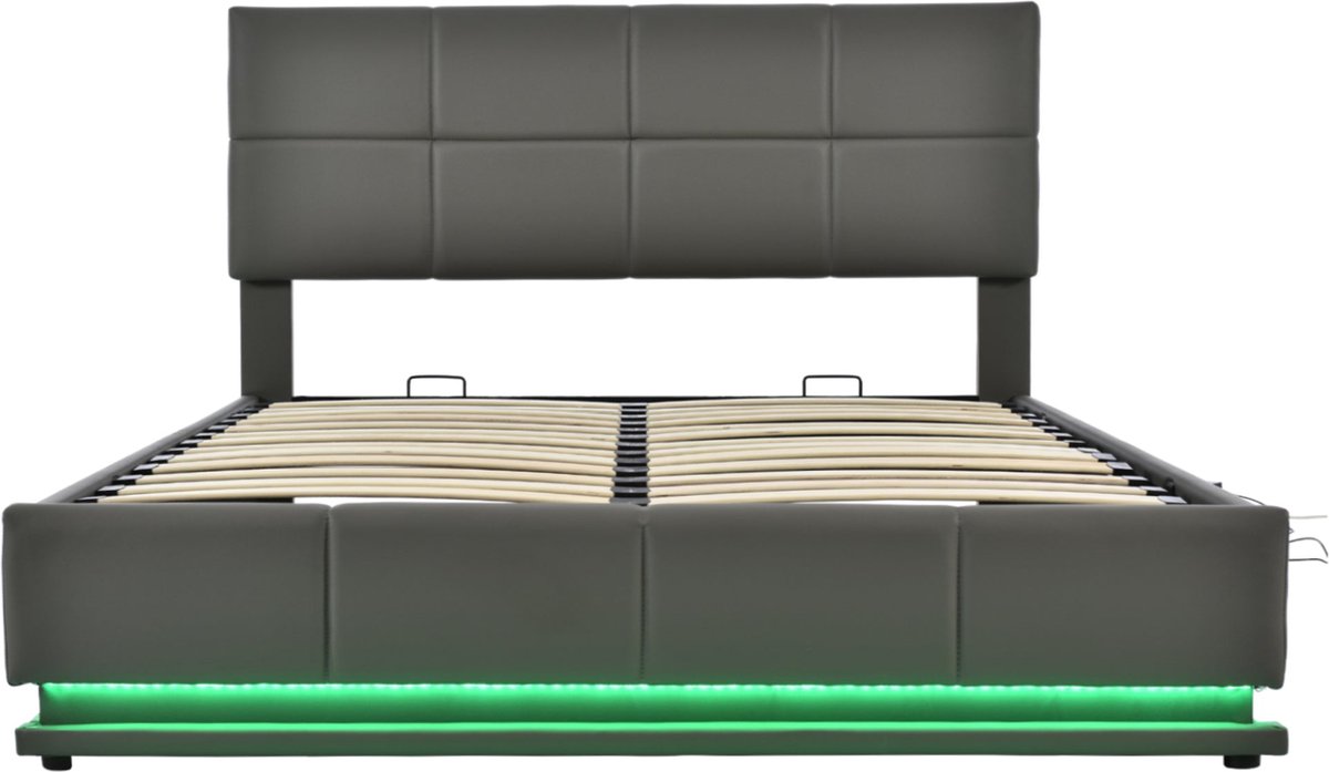 Merax Kunstleer Gestoffeerd Tweepersoonsbed 160x200 cm met LED-verlichting en Verstelbaar Hoofdbord - Bed met Metalen Lattenbodem en Hydraulische Opbergruimte - Grijs