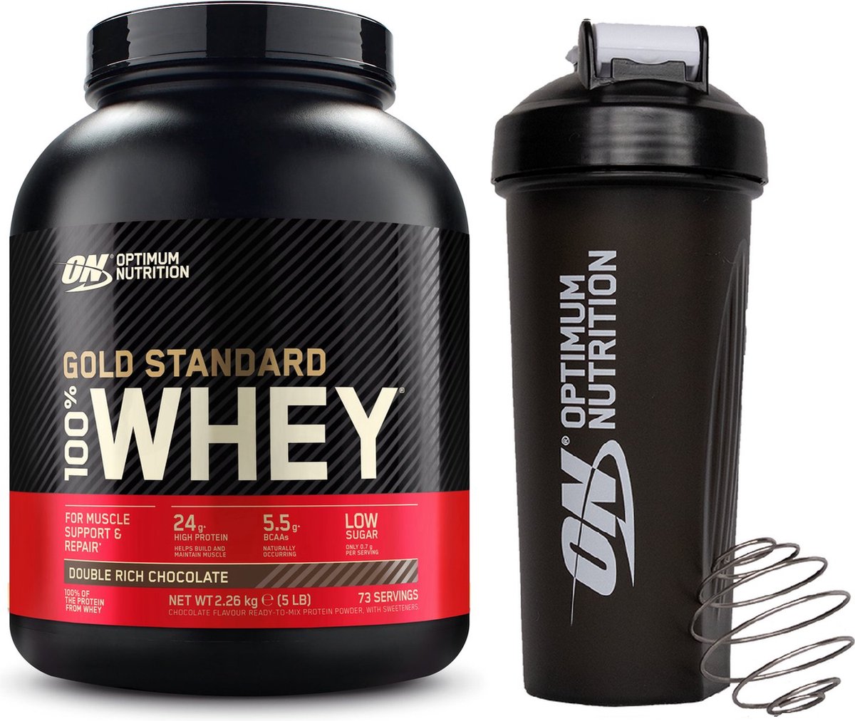 Goedkoopste Optimum Nutrition Gold Standard 100 Whey Protein Bundel – Double Rich Chocolate Proteine Poeder ON Shakebeker – 2270 gram (71 servings