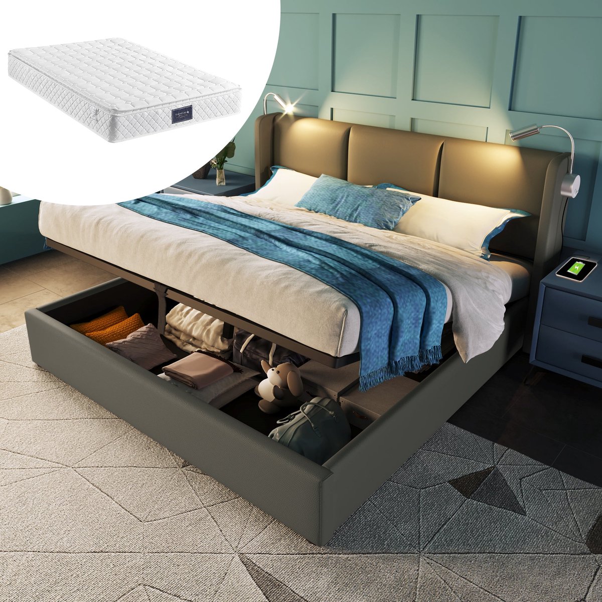 Merax Tweepersoonsbed 160x200 cm met Leeslamp en USB Aansluiting - Kunstleer Gestoffeerd Q