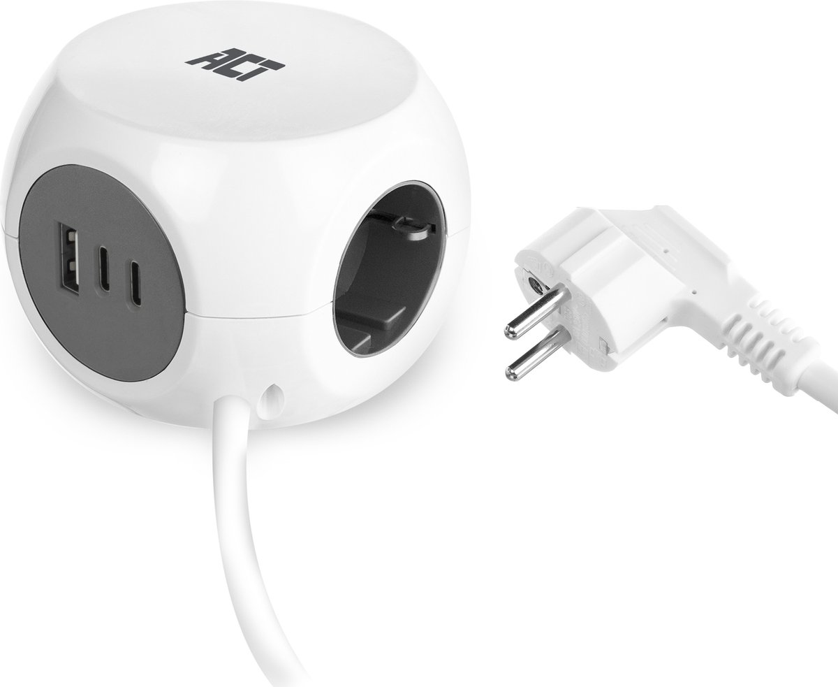 ACT Stekkerdoos kubus met 3 stopcontacten, 30W Power Delivery USB-C/A poorten, kabellengte 1,5m AC2420