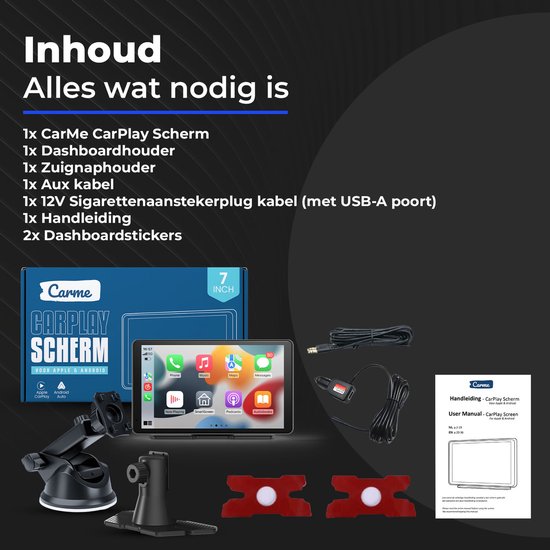CarMe CarPlay Scherm 7 Inch - Apple CarPlay & Android Auto (Draadloos) - Touchscreen - Navigatiesysteem auto - Geschikt voor Apple CarPlay & Android Auto - Android Auto scherm