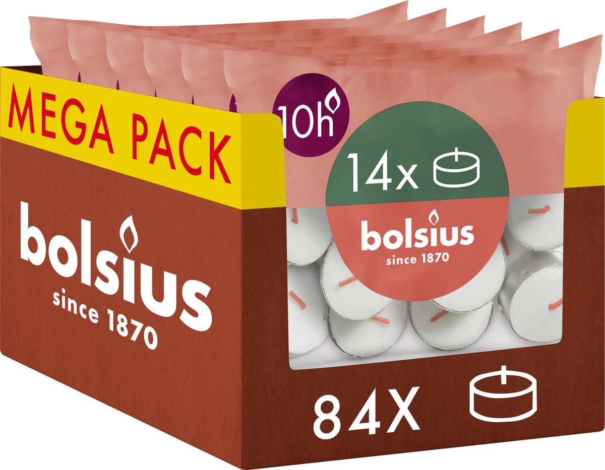 Bolsius 84 Maxi Waxinelichtjes - Theelichtjes - 10 uur - Wit - 10 branduren - Grootverpakking