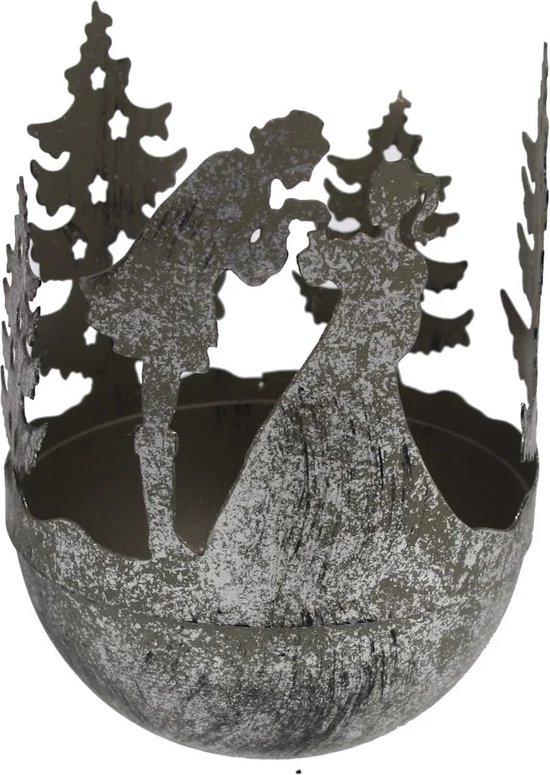 Windlicht Kerstboom/koppel metaal ant zilvekleur Ø11x15cm
