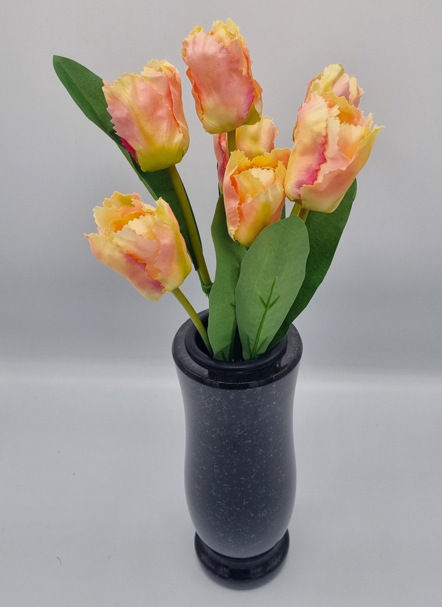 Boeket - Tulp - U644-m1/1 - 36cm - Zalm/Roze - 7 bloemen - Grafdecoratie - Zijdenbloemen - Kunstbloemen