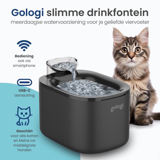 Grijze Gologi drinkfontein met stromend water, met een kat ernaast. Bediening via smartphone.