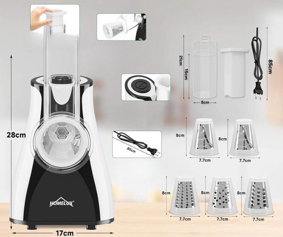 HOMELUX - Elektrische Groentesnijder - 5-in-1 Rasp & Snijmachine - Multifunctionele Elektrische Rasp - 5 Verwisselbare Trommelmessen - Kaasrasp, Groenten, Fruit, Chocolade - Snel, Veilig & Compact - Groentesnijder Elektrisch BPA-vrij van Homelux — afbeelding 5