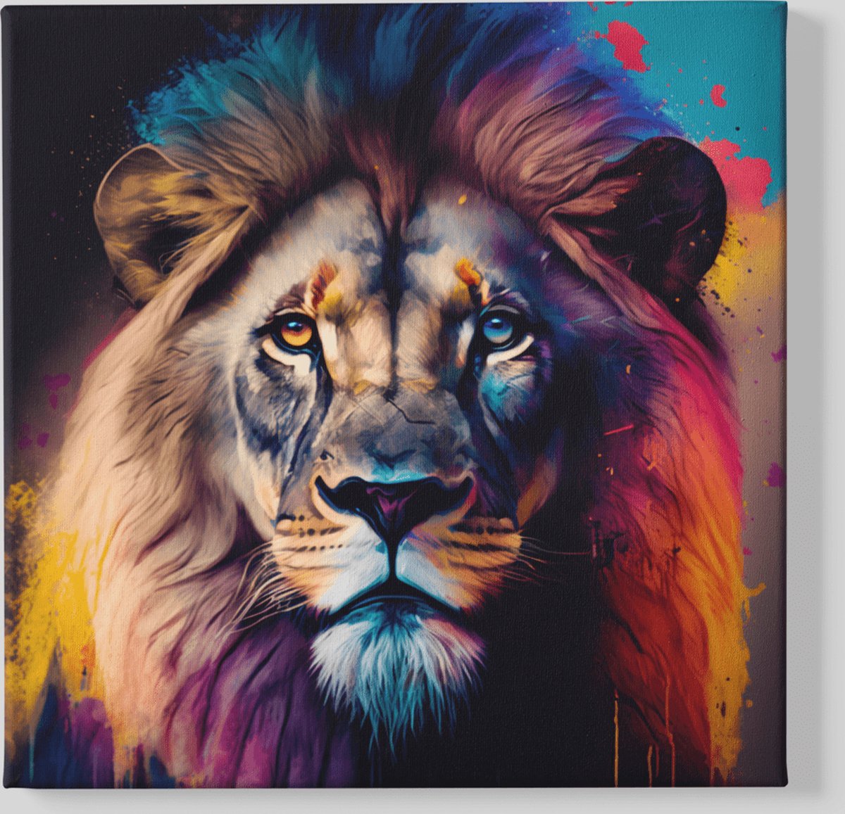 Trendex Global Vierkant Canvas Schilderij - Dieren - Leeuw Portret - Kleurrijk - 40x40x2 cm