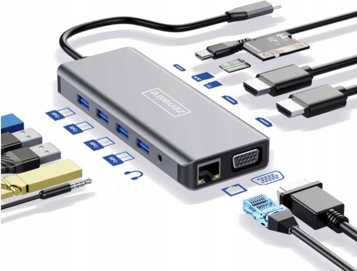 Image of Zenwire BYL-2006 USB-C Hub 12-in-1 - 2x HDMI 4K - Gigabit LAN