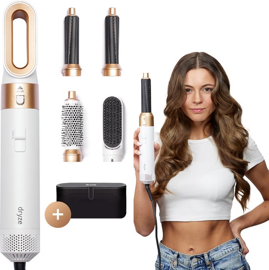 Dryze® Airstyler - 5 in 1 Multistyler - Krultang - Föhnborstel - Krulborstel - Hairwrap - Heteluchtborstel - Kort & Lang Haar- Crème white/gold edition Inclusief leren opbergcase