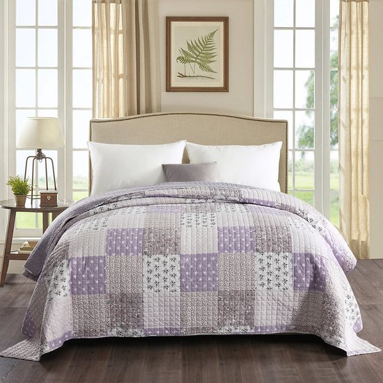 Kleurrijke Sprei Quilt Patchwork - Omkeerbare Bedsprei Ontwerp - Gewatteerde Deken voor Tweepersoonsbed - Gevoerde Quilt 220 x 240 cm - Paars Wit