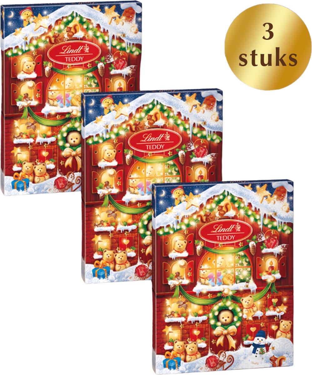 Lindt TEDDY Chocolade Adventskalender voor kinderen multi-pack 3x 170 gram - Aftellen tot Kerst - 24 chocolade verrassingen - Kerstcadeau - Chocolade cadeau