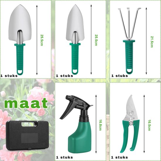 Queta 5 Stück Gartengeräte Set, Gartenwerkzeug Set mit rostfreiem Harrow Scissor Shovel Water Sprinkler zum Umpflanzen von Blumen und Gemüse, zum Auflockern von Boden und Unkraut
